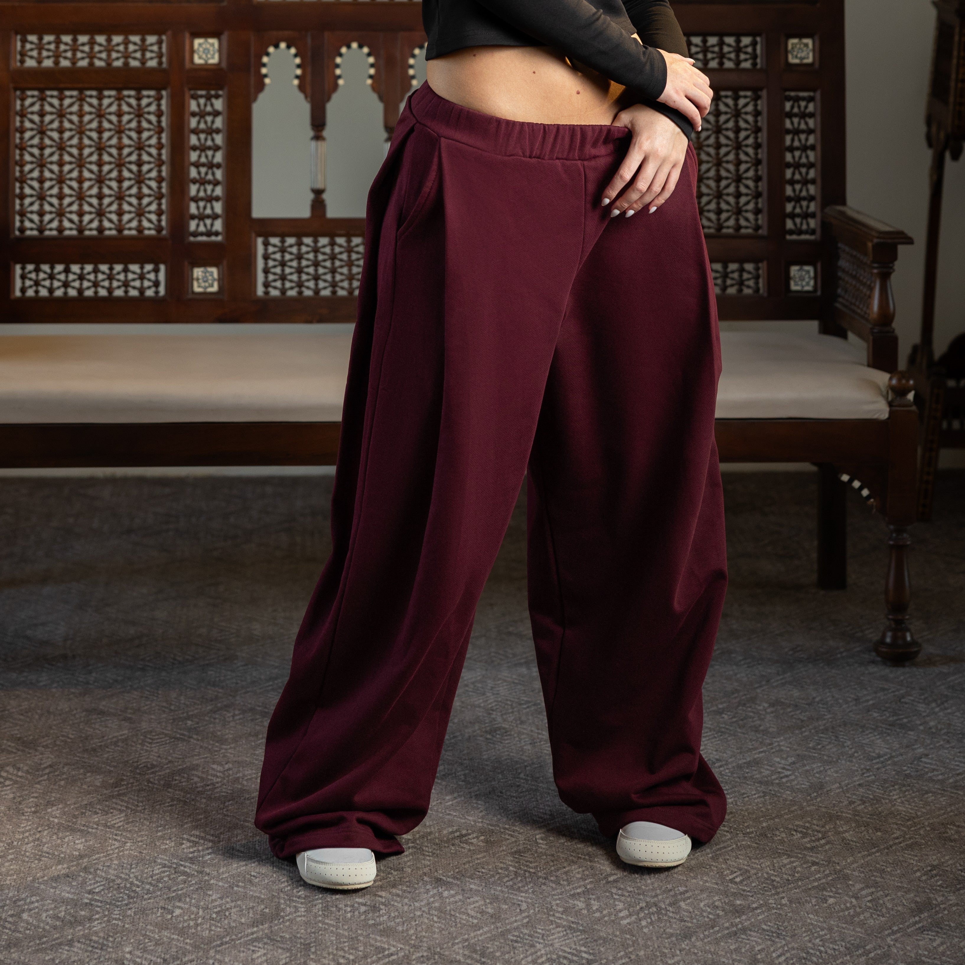Front & Back Pleated French Terry Pant - BURGUNDY