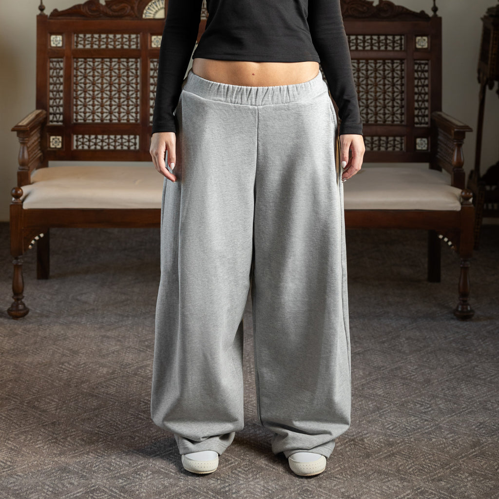 Front & Back Pleated French Terry Pant - GRAY MEL