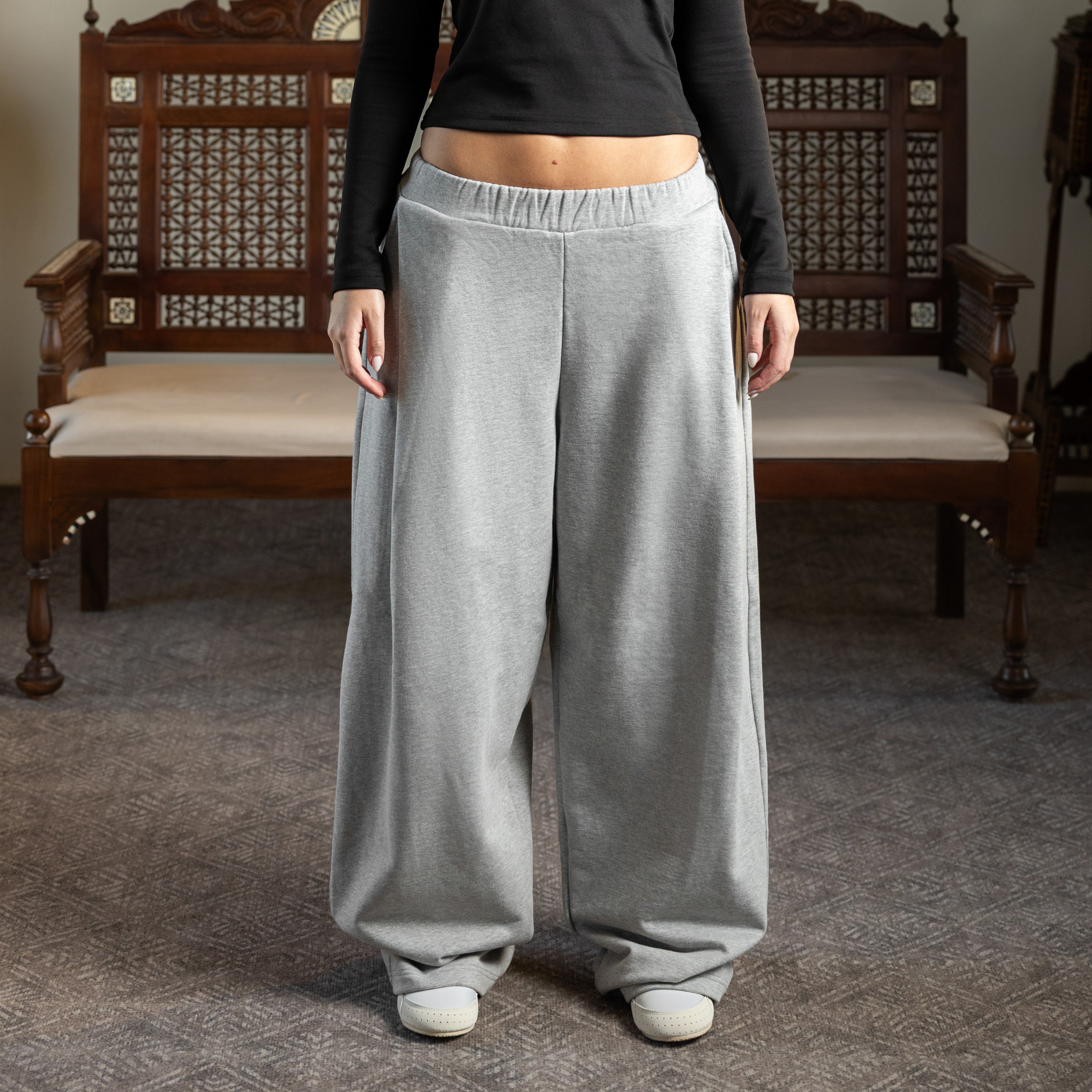 Front & Back Pleated French Terry Pant - GRAY MEL