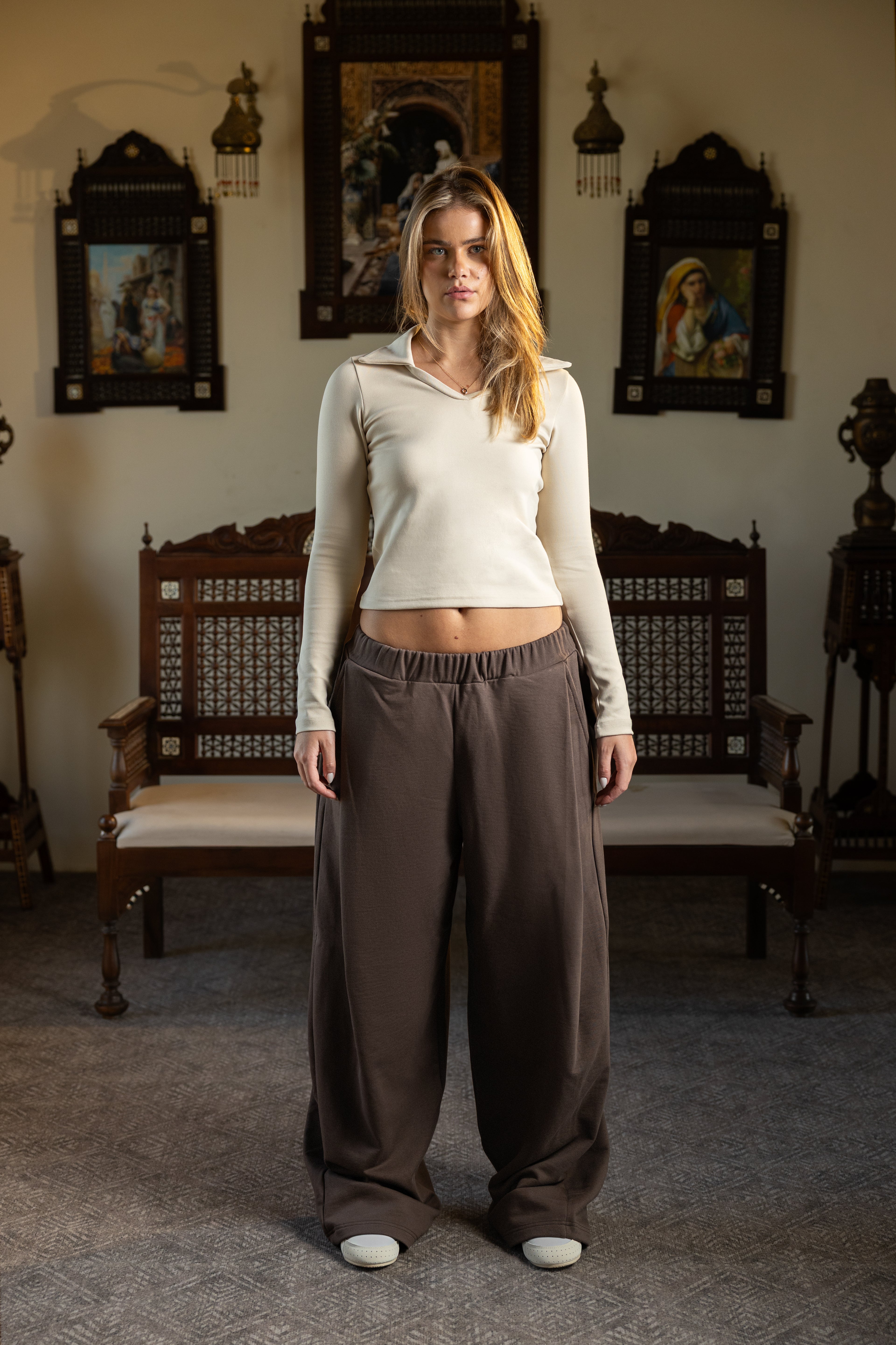 WARM BEIGE V-collar Top